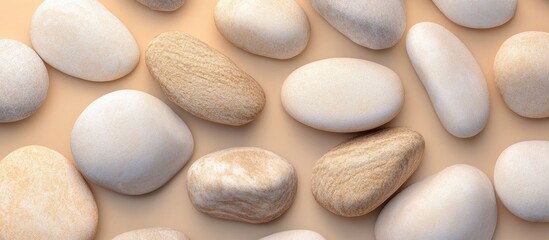 Poster - Numerous pebble stones on a beige background. with copy space image. Place for adding text or design