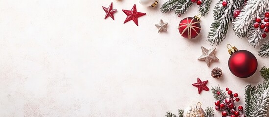 Poster - Modern Christmas card featuring stars and ornaments on a light background Top view with copy space