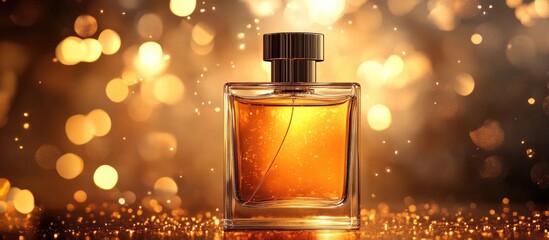 Poster - Blurred rectangular perfume bottle on a golden neon backdrop Fashion fragrance template Copyspace