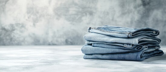 Poster - Jeans A stack of blue jeans trousers on a light stone background copy space