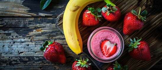 Poster - Jar of tasty homemade strawberry and banana smoothie on a wooden surface. with copy space image. Place for adding text or design