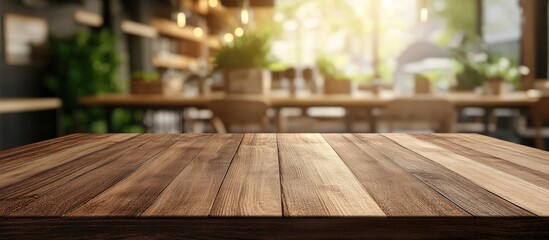 Aufkleber - Selected focus on an empty brown wooden table with a blurred background of a coffee shop or restaurant featuring bokeh effects suitable for your photomontage or product display. with copy space image
