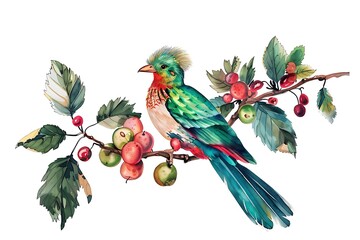 Sticker - Watercolor Illustration of a Colorful Bird Perched on a Branch with Berries and Apples.