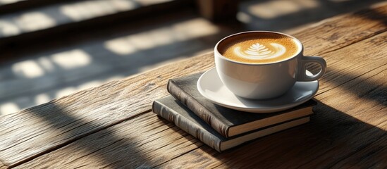 Poster - Nighttime coffee with crema and a stack of books cover mock up on a wooden table. with copy space image. Place for adding text or design