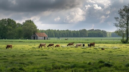 Poster - A herd of cows are grazing in a field