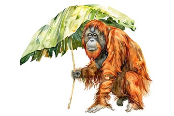 Wall Mural - Watercolor illustration of an orangutan holding a large leaf umbrella.