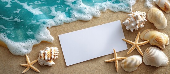Aufkleber - holiday beach theme featuring shells sea stars and a blank postcard. with copy space image. Place for adding text or design
