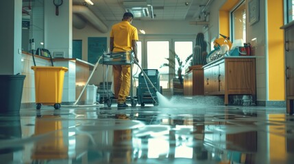 Cleaning Professional Using High-Pressure Cleaning Machine in Office Building