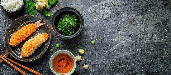 Fototapete - Japanese cuisine featuring deep fried bread crumbs and nori sardine fish as comfort food depiction. with copy space image. Place for adding text or design