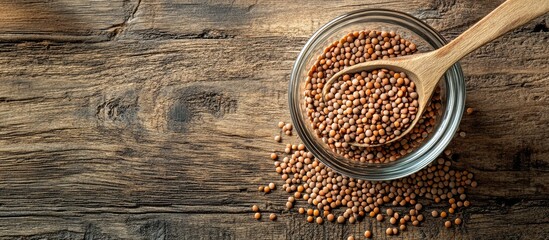Poster - Wooden spoon and lentil seeds placed in a glass bowl on a textured wooden surface. with copy space image. Place for adding text or design