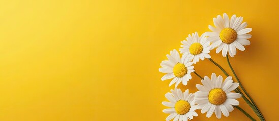 Poster - White chamomile flowers rest on a yellow background. with copy space image. Place for adding text or design
