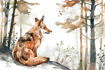 Wall Mural - Watercolor Illustration of a Fox Sitting in a Forest Clearing.