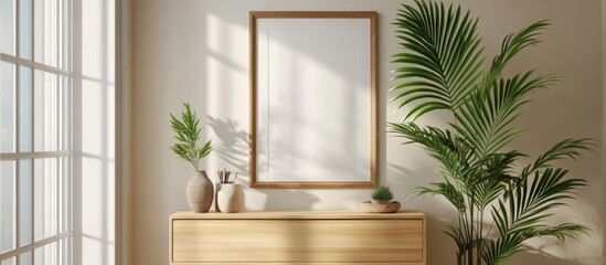Poster - Plant on a wooden cabinet positioned between a mirror and a rack in a contemporary anteroom with a poster Real photo. with copy space image. Place for adding text or design