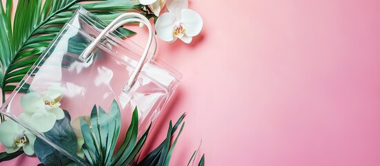 Poster - Stylish transparent light shopping bag featuring orchids and tropical leaves on a pink background with copy space closeup flat lay Trendy bright colors