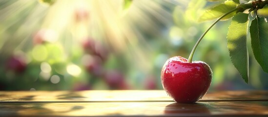 Poster - a bright and colorful cherry full of sweet juiciness situated on a sunny outdoor garden table with c