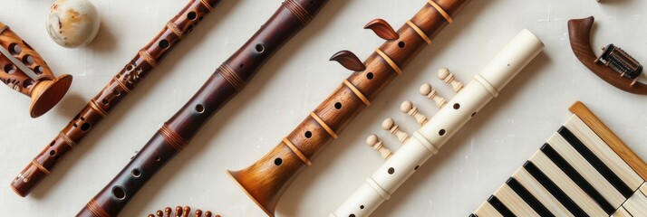 Wall Mural - Wooden musical instruments on a white background.