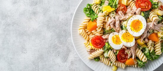 Wall Mural - Pasta salad featuring preserved tuna vegetables and eggs served on a white plate against a light slate stone or concrete background Top view with copy space