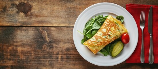 Fototapete - Tasty wrapped crepe with spinach and pickles served on a white plate on a wooden table accompanied by a fork and knife on a red napkin. with copy space image. Place for adding text or design