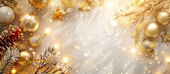 Poster - Christmas arrangement Golden decorations on a light background Top view flat lay. with copy space image. Place for adding text or design