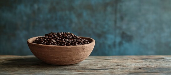 Poster - Coffee beans in a clay bowl on a brown wooden table set against a dark blue wall background Closeup copy space side view Arabica seeds roasted caffeine concept