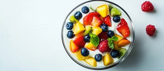 Poster - Fruit salad topped with honey yogurt dressing on a white background Selective focus copyspace