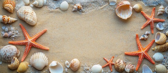 Poster - Beautiful starfishes and seashells on the sand arranged in a flat lay Room for text. with copy space image. Place for adding text or design