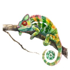 Poster - Watercolor Illustration of a Chameleon on a Branch.