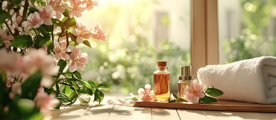 Poster - SPA and aromatherapy kit featuring flowers filtered photo. with copy space image. Place for adding text or design