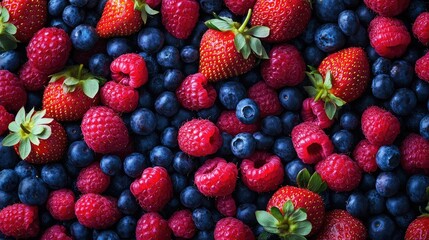 Poster - A vibrant handful of fresh berries, including strawberries, raspberries, and blueberries, creating a colorful and healthy display.