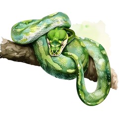 Canvas Print - Watercolor Illustration of a Green Snake Wrapped Around a Branch.