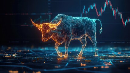 Wall Mural - Abstract bull made of glowing lines on a digital stock market chart, symbolizing a bullish market trend.