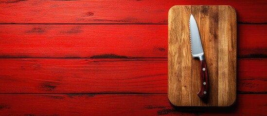 Poster - Empty cutting board and knife on a red wooden table for showcasing products Top view. with copy space image. Place for adding text or design