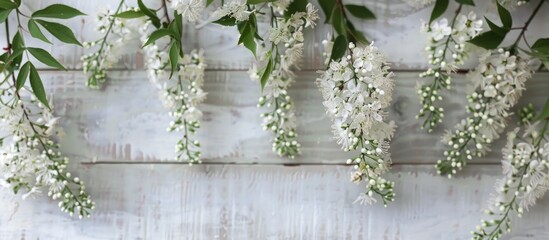 Wall Mural - Branch featuring white Spirea flowers and green leaves on a gray wooden background copyspace