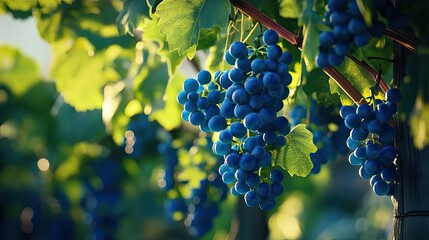 Wall Mural - Blue grapevines dangling from the vines in a vineyard, captured in a detailed close-up with a natural background.