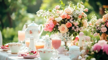 Delicate blooms surround a beautifully set table adorned with sweet treats and refreshing drinks in a sunlit garden oasis