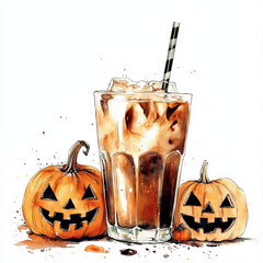Wall Mural - an aesthetic watercolor iced coffee with halloween jack-o'-lanterns and ghost and witch hat, pure white background 