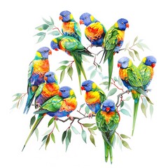 Sticker - Watercolor painting of a group of colorful lorikeets perched on a branch.