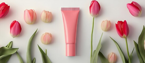 Poster - pink cosmetic tube set against a white background with tulips. with copy space image. Place for adding text or design