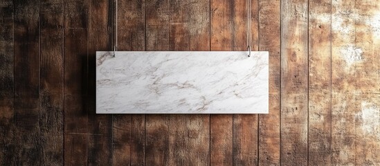 Aufkleber - Light gray square marble sign suspended on a brown horizontal plank wall or it can be viewed as a marble tray on a wooden floor seen from above Open to interpretation there are numerous copy spaces a