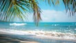 © MaVeRa - The coconut tree leaves with background with sea waves on the beach for mockup background. Tropical sea beach template and palm leaf on seaside