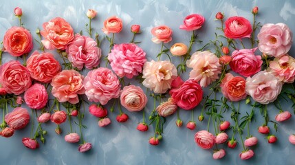 Wall Mural - A vibrant arrangement of ranunculus flowers on a soft blue background during springtime