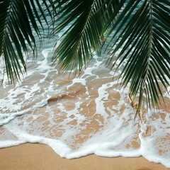 The coconut tree leaves with background with sea waves on the beach for mockup background. Tropical sea beach template and palm leaf on seaside