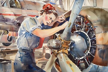 Woman Mechanic Working on Airplane Engine in Watercolor Illustration.