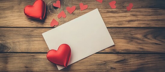 Poster - Blank card on a wooden table background Valentine s Day messages and love declarations for a romantic couple. with copy space image. Place for adding text or design