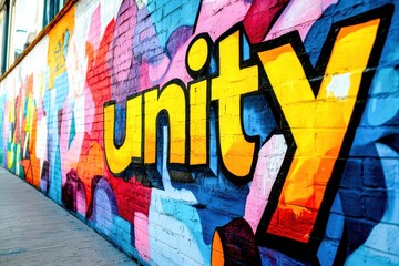 Colorful graffiti promotes a message of unity on a brick wall, enhancing the urban landscape with its lively hues and creative expression