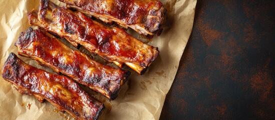 Fototapete - Grilled pork ribs on parchment paper top view Copy space