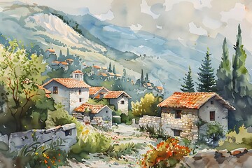 Sticker - Watercolor Painting of a Picturesque Village Nestled in the Mountains.