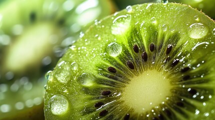 Wall Mural - Close-up macro of fresh green kiwi fruits with water droplets, ideal for a juicy and refreshing design.