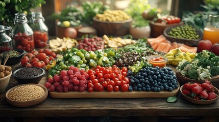 Healthy food spread with fresh fruits, vegetables, and grains, nutritious meal