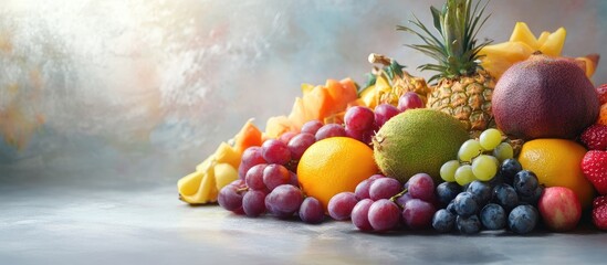 Poster - Exotic fruits on a glass surface against a light backdrop. with copy space image. Place for adding text or design